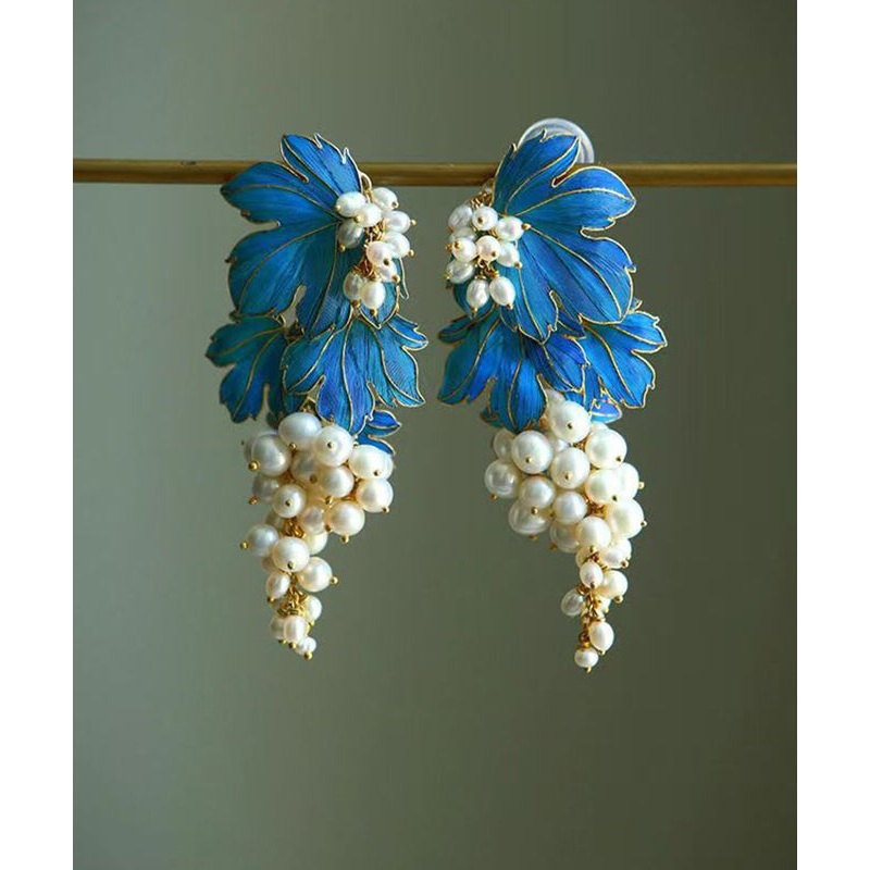 Chinese Style Blue Ancient Gold Inlaid Pearl Grape Drop Earrings