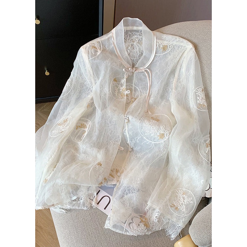 Chinese Style White Embroidered Patchwork Organza Shirt Top Spring
