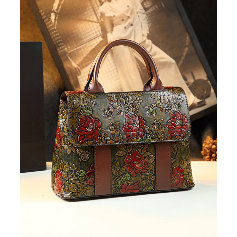 Classy Brown Embossed Large Capacity Calf Leather Tote Handbag