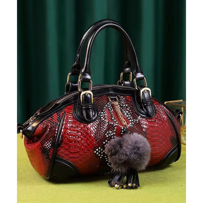 Classy Red Serpentine Fuzzy Ball Decorated Women Handbags