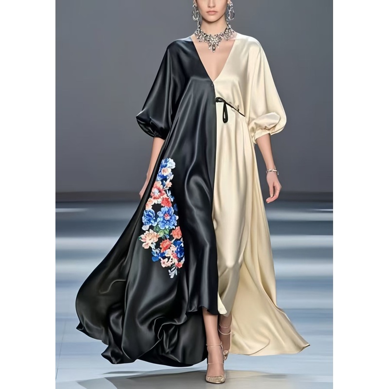 Colorblock Patchwork Silk Maxi Dresses Oversized Print Spring