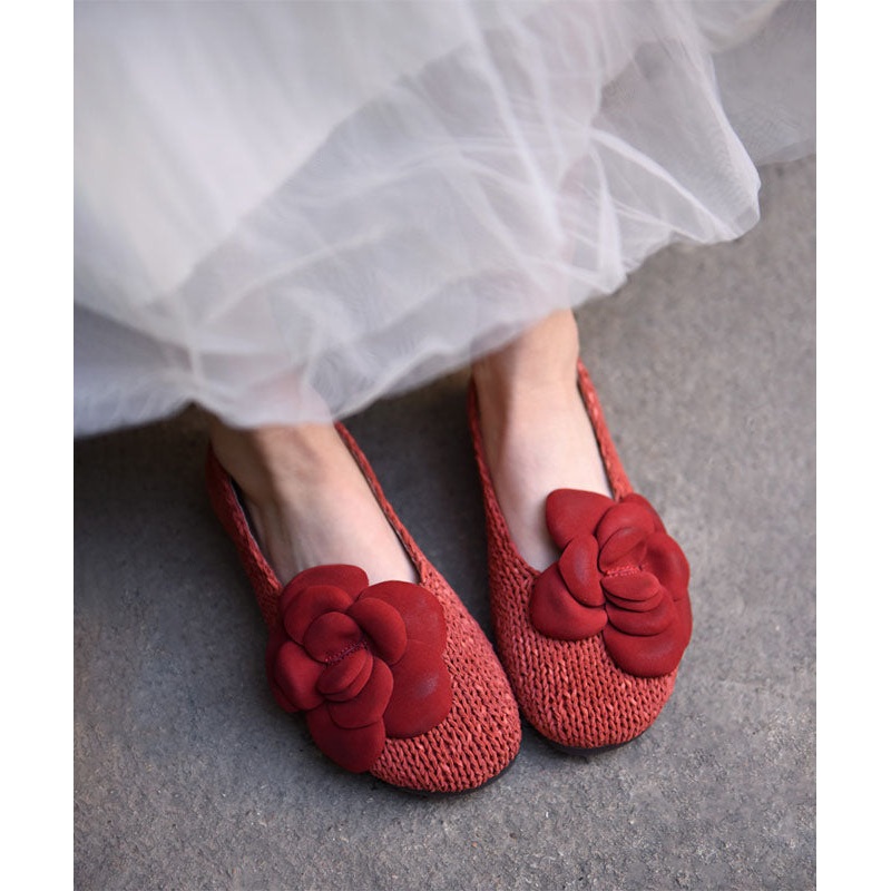 Comfy Floral Splicing Penny Loafers Red Sheepskin