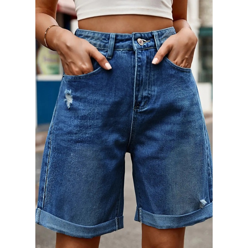 Denim Blue Button Denim Summer Shorts High Waist