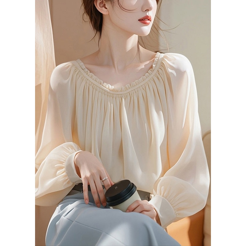 Elegant Apricot Ruffled Solid Chiffon Shirt Spring