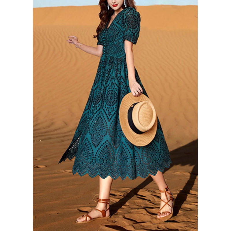 Elegant Blackish Green V Neck Hollow Out Cotton Dresses Summer