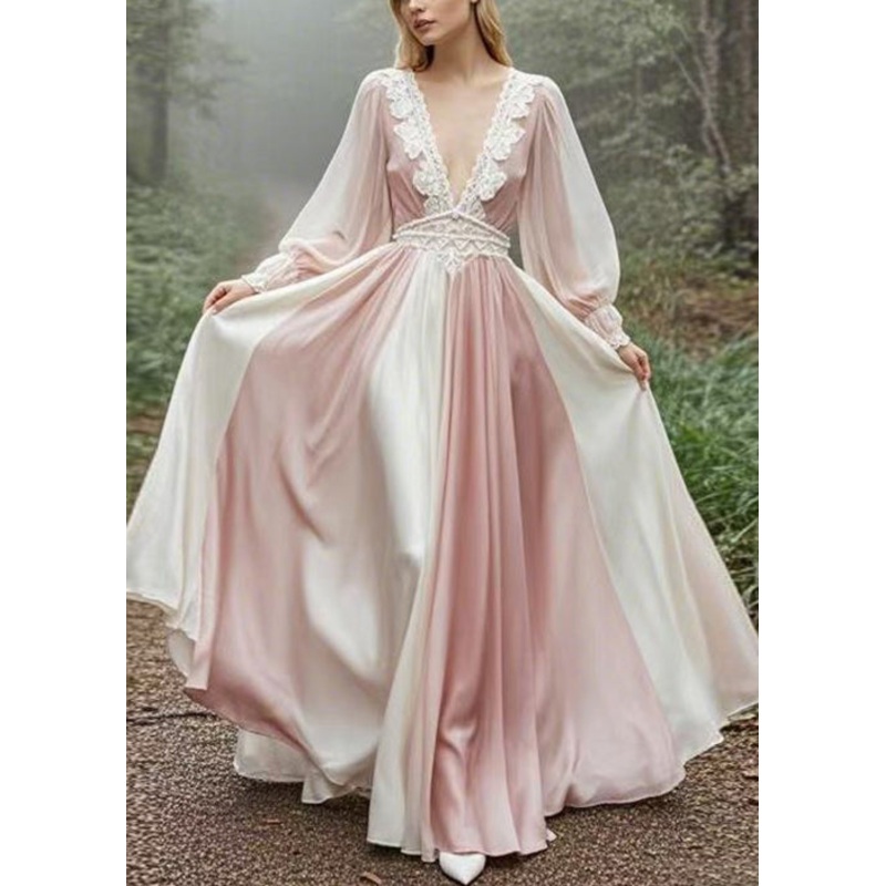 Elegant Pink V Neck High Waist Patchwork Maxi Dress Spring