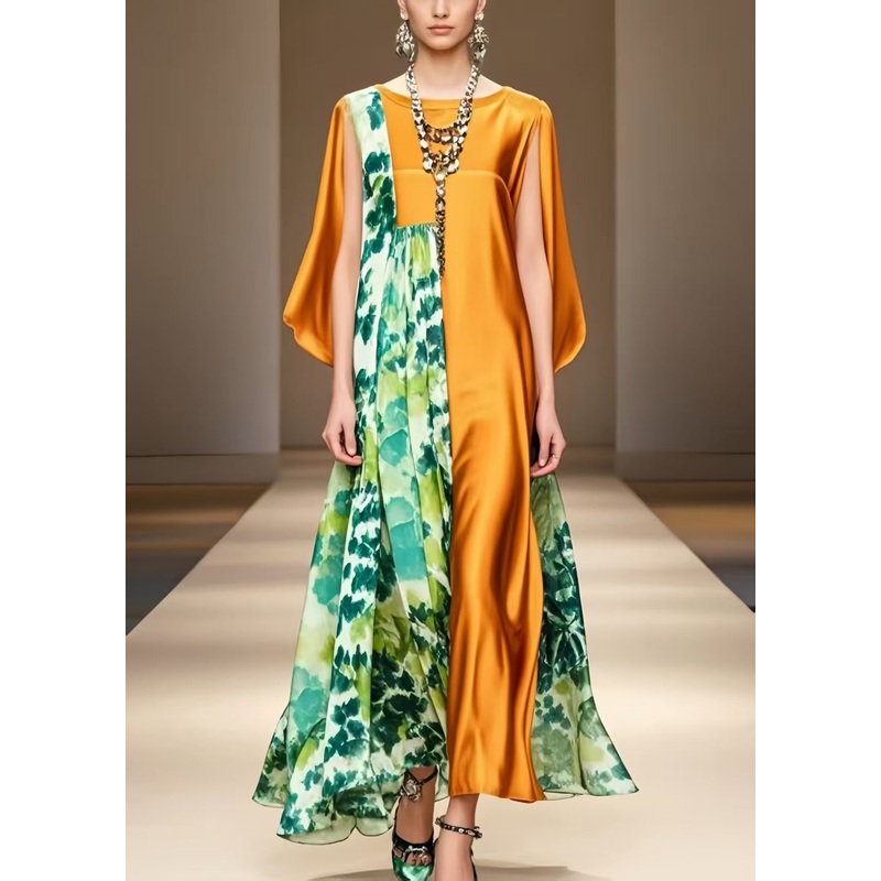 Fashion Orange Asymmetrical Print Silk Robe Dresses Cloak Sleeves