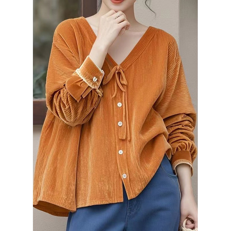 Fitted Orange V Neck Lace Up Silk Velour Shirt Spring