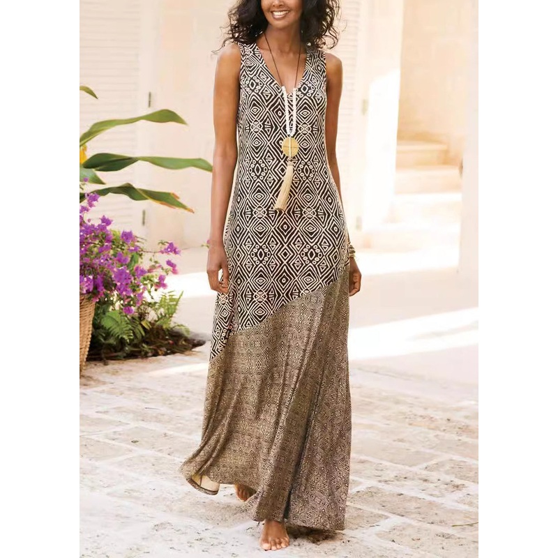 French Khaki V Neck Print Patchwork Cotton Maxi Dresses Sleeveless