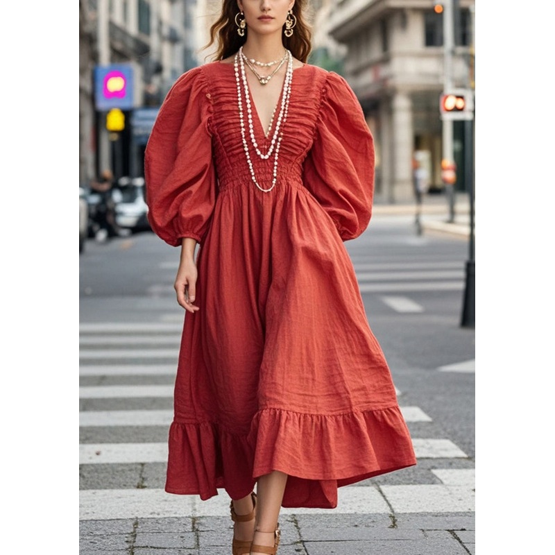 French Red V Neck Wrinkled Silm Fit Long Dresses Puff Sleeve