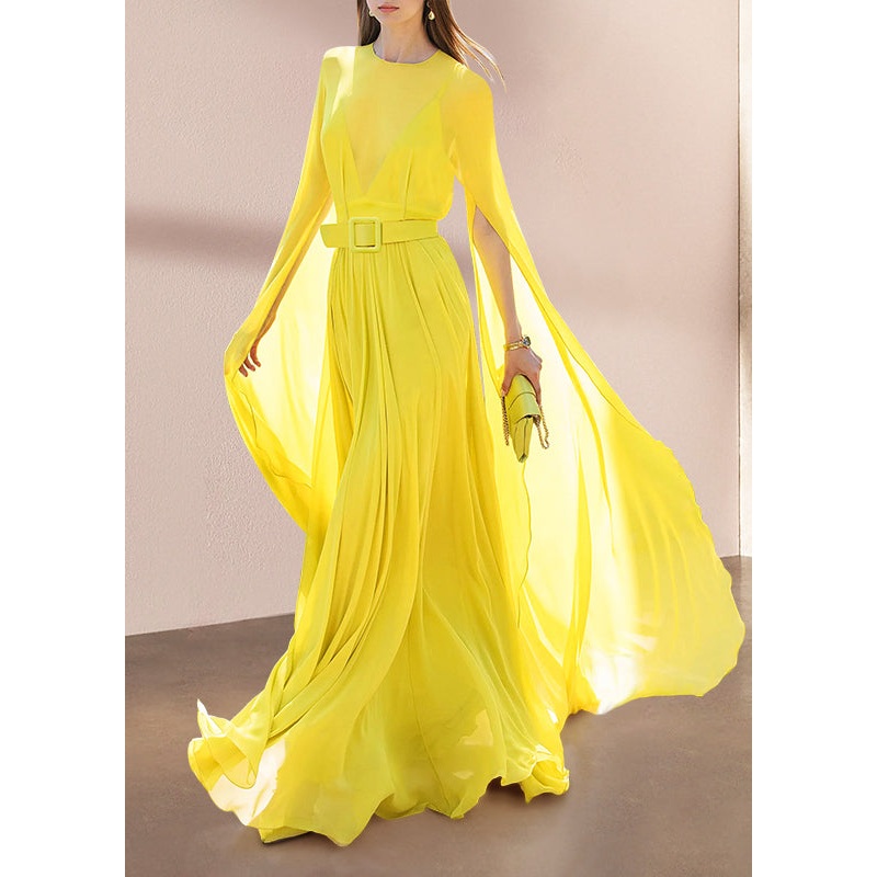 French Yellow O Neck Exra Large Hem Silk Dresses Spring