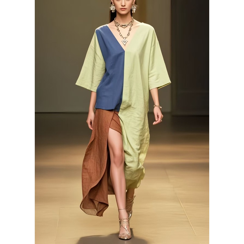 Grass Green Patchwork Cotton Dress Asymmetrical Side Open Summer