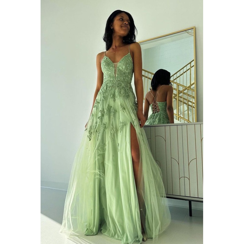 Green Spaghetti Straps A Line Long Tulle Prom Dress 2280