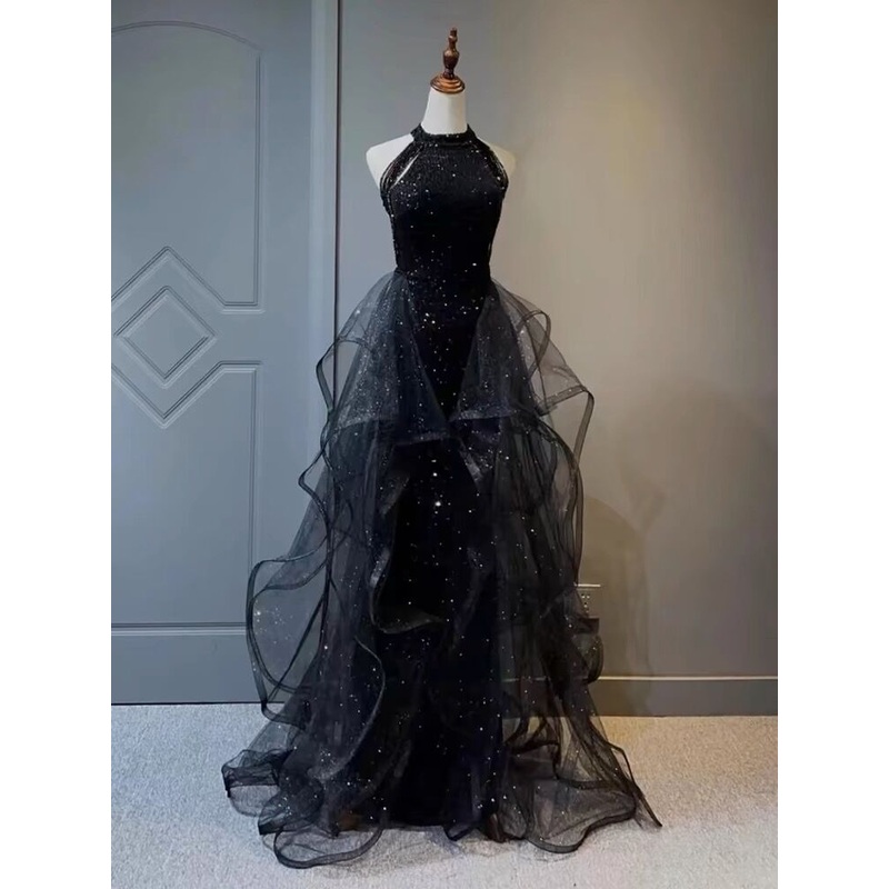 Halter A Line Black Ruffled Evening Dress Long Prom Dress J3082