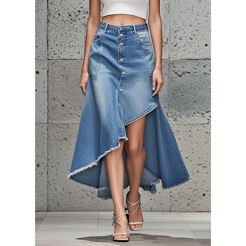 Handmade Light Blue Asymmetrical Design Button Denim Skirts Spring