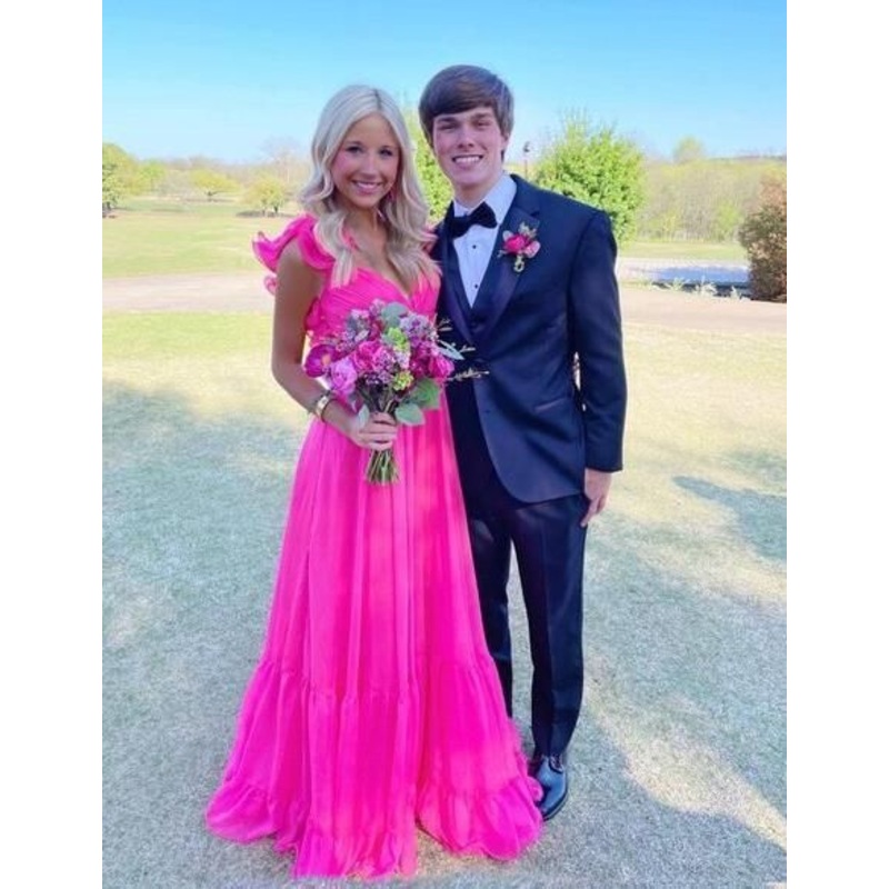 Hot Pink Long V Neck A Line Long Prom Dresses J2572