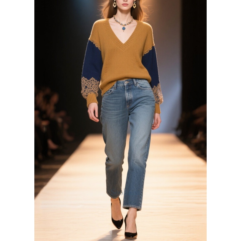 Italian Brown V Neck Patchwork Thick Sweater Tops Winter