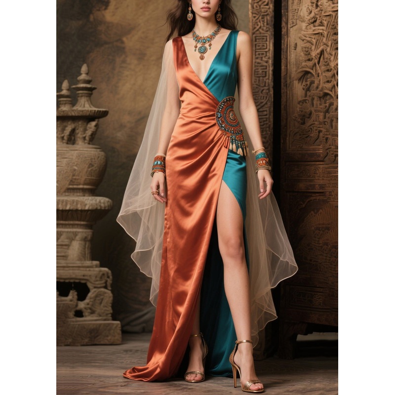 Italian Caramel Asymmetrical Tulle Patchwork Side Open Silk Dresses Summer