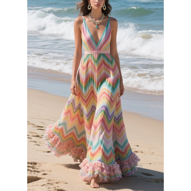 Italian Rainbow Ruffled Striped Chiffon Beach Dresses Summer
