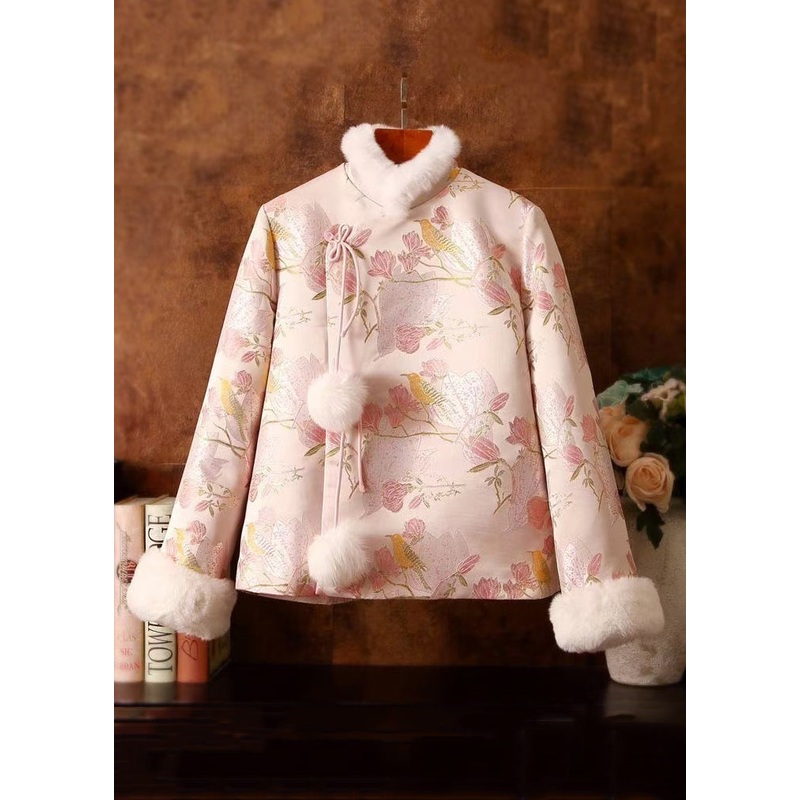 Jacquard Pink Fur Collar Fuzzy Ball Patchwork Duck Down Down Coats Winter