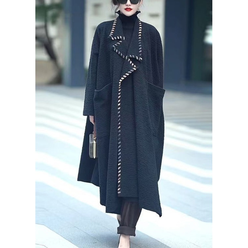 Loose Black Notched Pockets Cotton Coats Winter