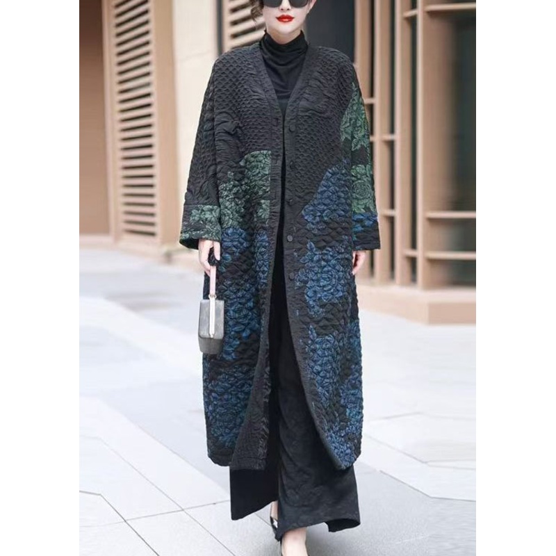 Loose Black V Neck Button Cotton Filled Parka Winter