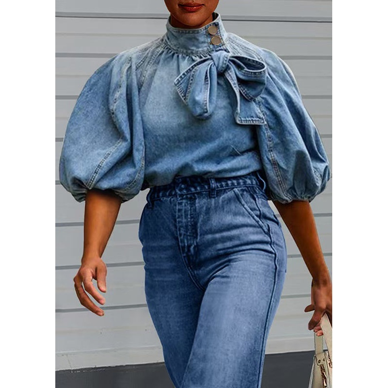 Loose Blue Stand Collar Lace Up Denim Shirt Lantern Sleeve