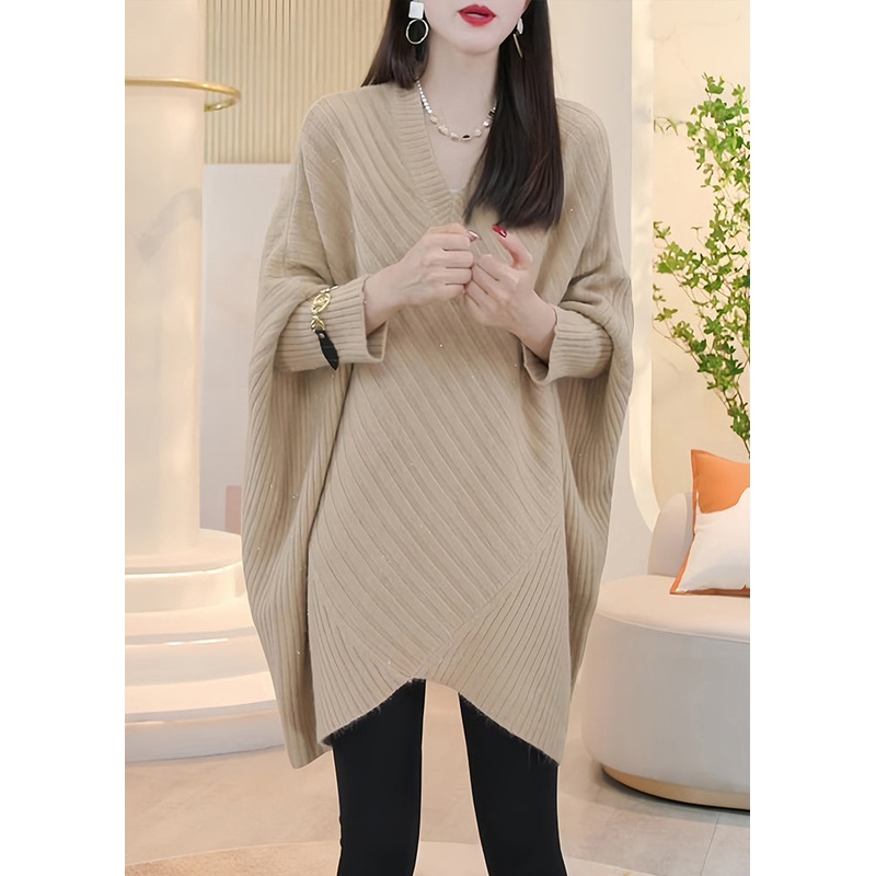 Loose Light Khaki V Neck Cozy Knit Sweater Batwing Sleeve