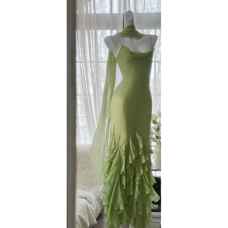 Mermaid Ruffle Chiffon Green Prom Dress Green Birthday Outfit J6313