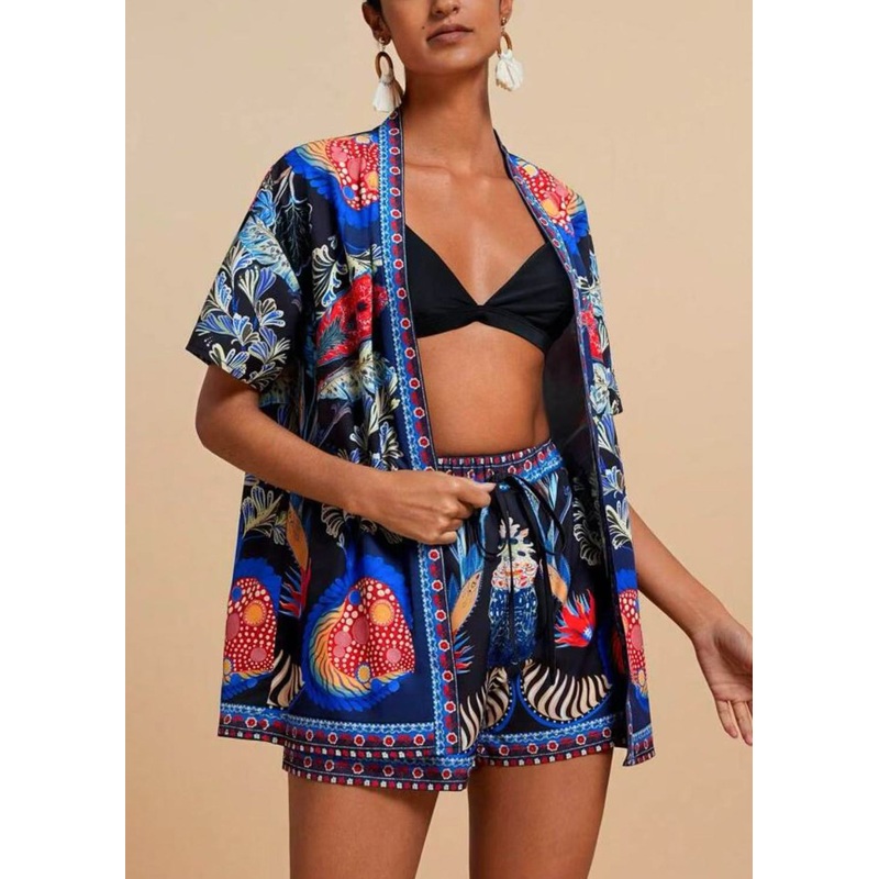 Modern Royal Blue V Neck Print Cardigans And Shorts Two Pieces Set Short Sleeve