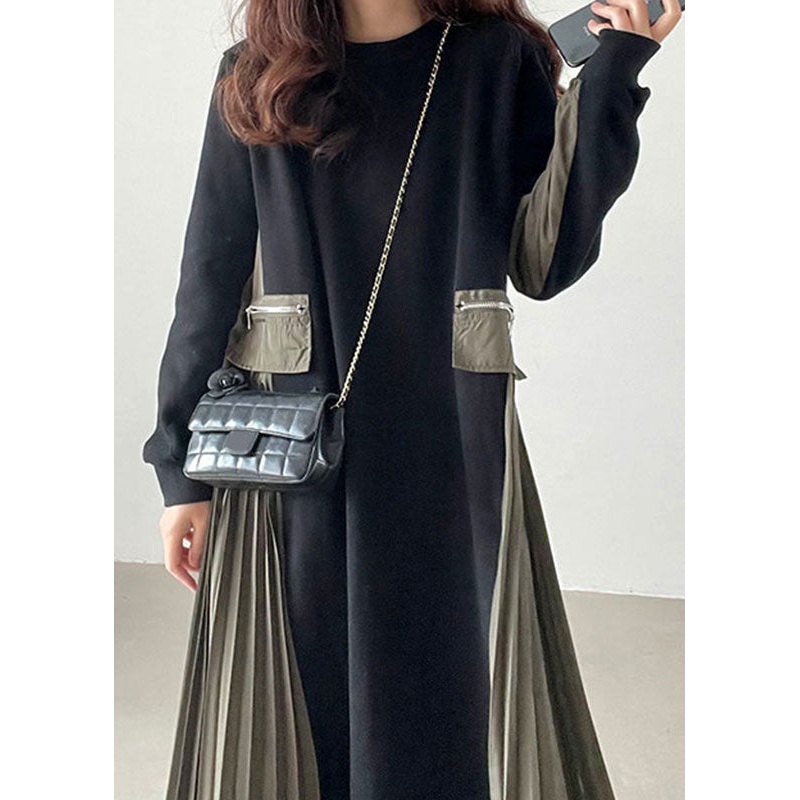 Natural Black Oversized Patchwork Pleated Dresses Spring