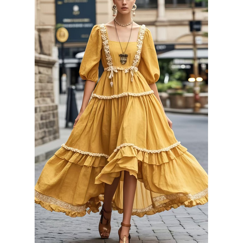 Natural Yellow Square Collar Exra Large Hem Holiday Dress Half Sleeve