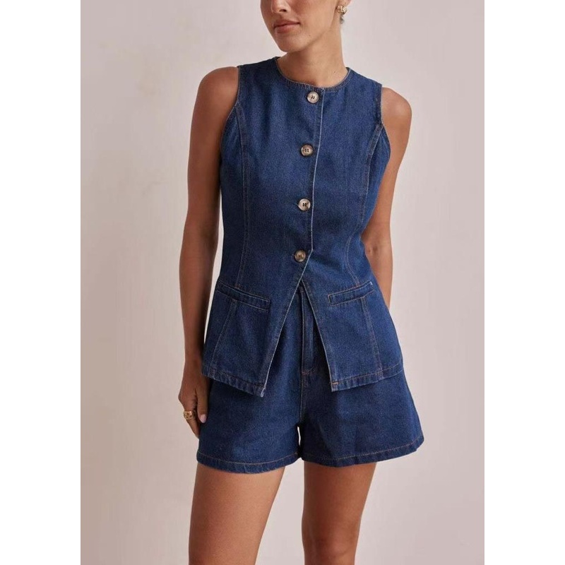 Navy Silm Fit Denim Two Piece Set Women Clothing Side Open Sleeveless