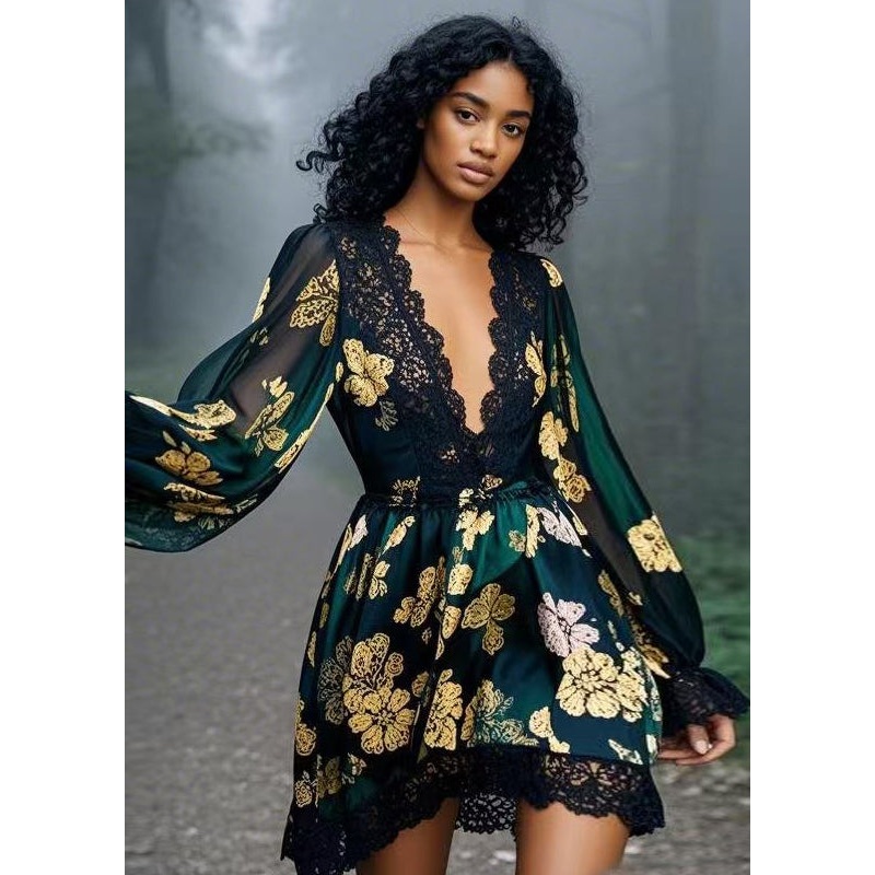 New Photo Color Print Patchwork Chiffon Mid Dress Spring