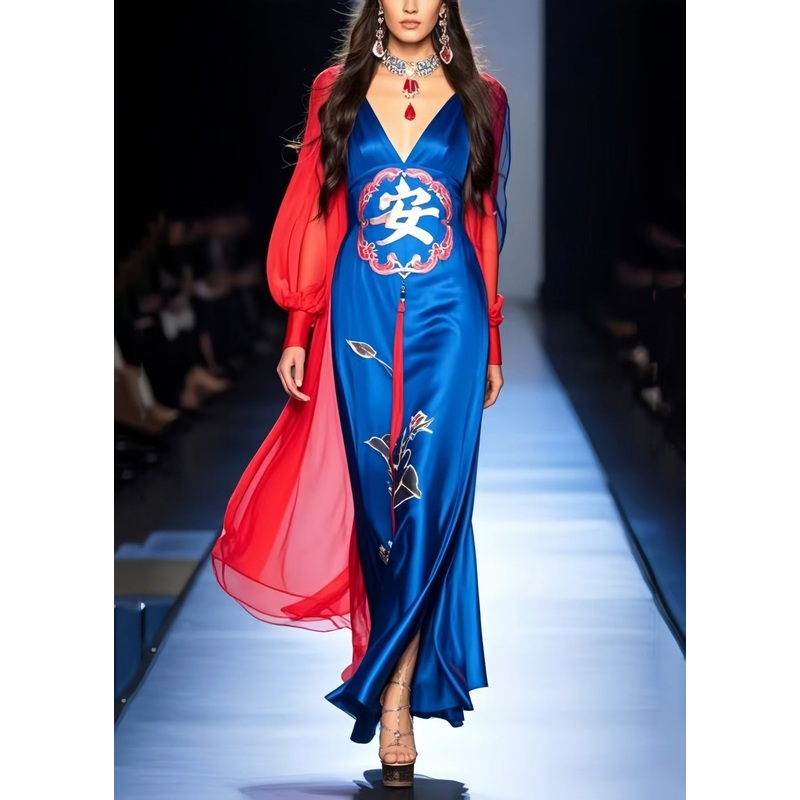 New Retro Tasseled Print Silk Vestidos Dress Lantern Sleeve