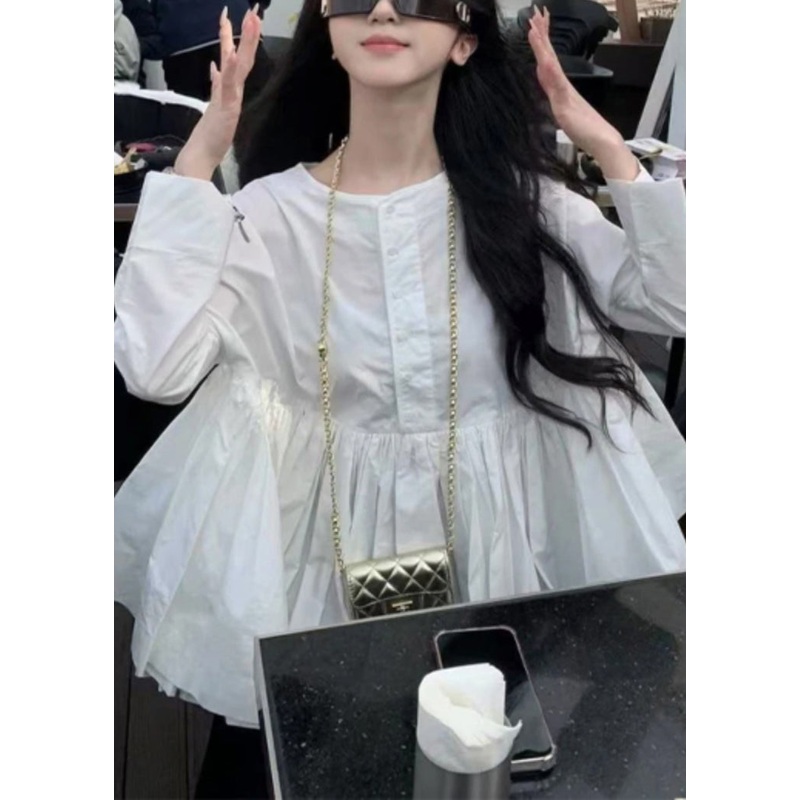 New White O Neck Button Wrinkled Cotton Shirt Fall