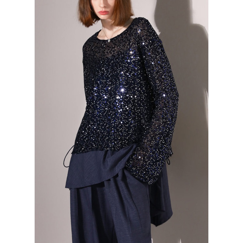 Novelty Navy Sequins Hollow Out Lace Up Knit Tops Fall