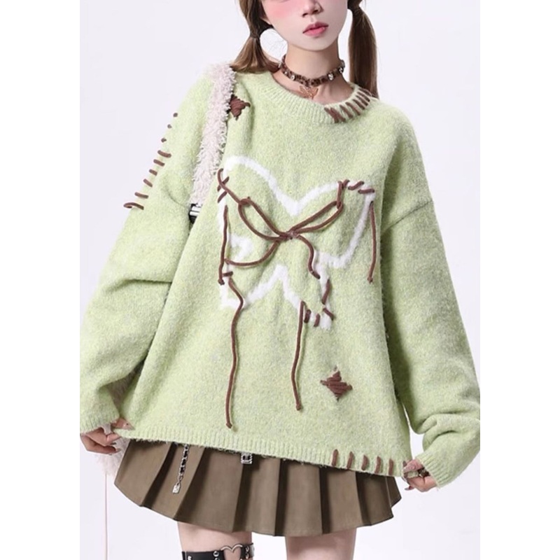 Novelty Plus Size Green O Neck Lace Up Knit Sweaters Spring