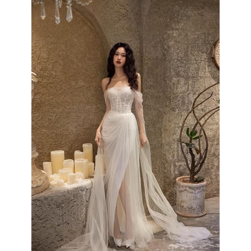 Off The Shoulder White Wedding Dress Beaded Long Prom Dress J3249