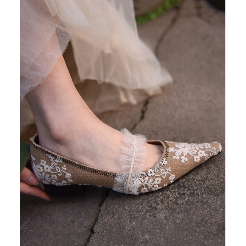 Original Design Splicing Chunky Shoes Khaki Lace Embroidered