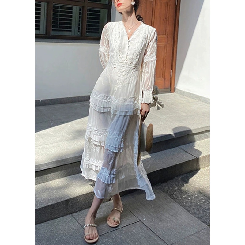 Original White Embroidered Zippered Cotton Long Dress Spring