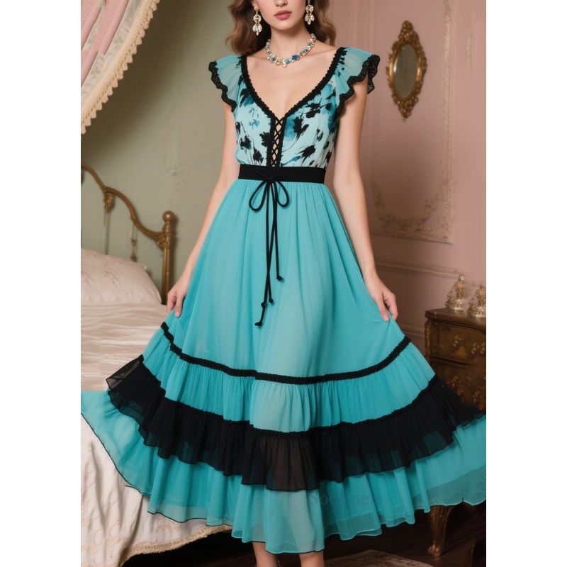 Peacock Blue Patchwork Chiffon Vacation Dresses Exra Large Hem Summer