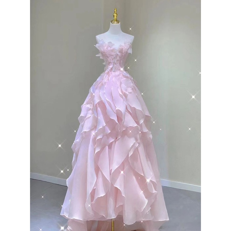 Pink A Line Ruffle Birthday Ball Gown Sweet Long Prom Dress  J4259