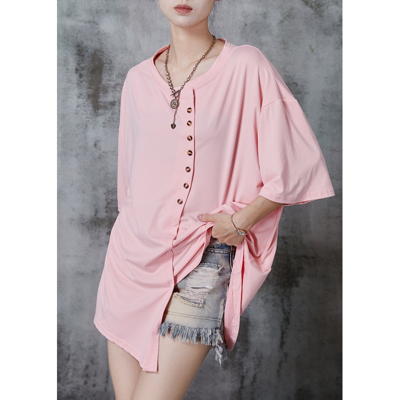 Pink Oversized Cotton Tank Tops Asymmetrical Summer