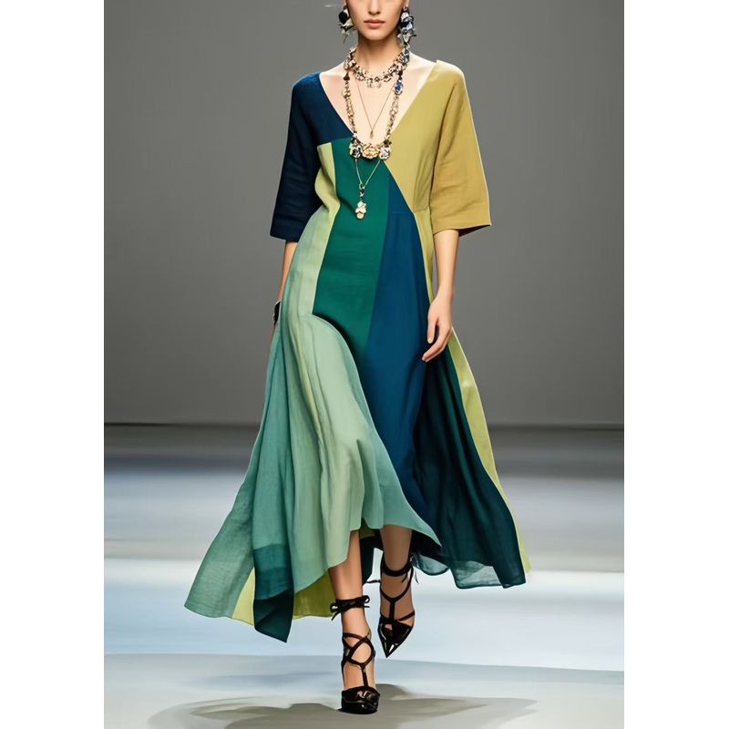 Plus Size Multicolour V Neck Exra Large Hem Cotton Long Dress Summer