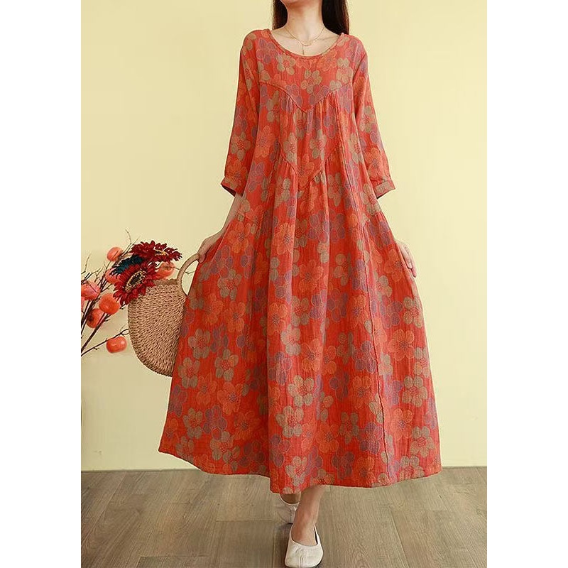 Plus Size Orange Oversized Print Cotton Long Dress Bracelet Sleeve