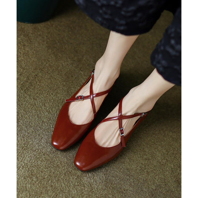 Red Cowhide Leather Cross Strap Splicing Chic Flat Feet Shoes