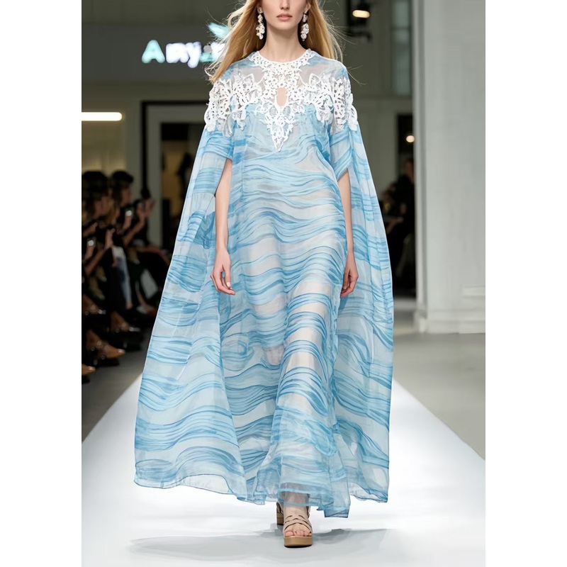 Sea Blue Striped Chiffon Beach Dresses Oversized Cloak Sleeves