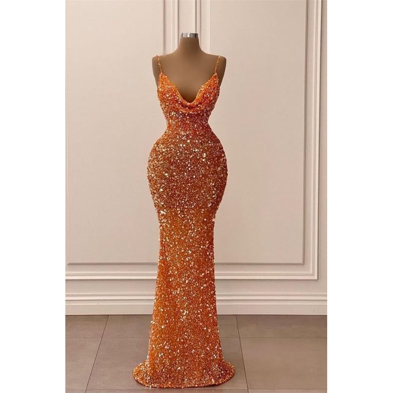 Sequined Orange V Neck Spaghetti Strap Long Prom Dress J5355