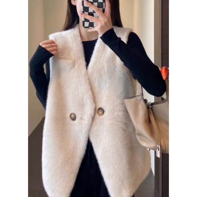 Simple Beige V Neck Button Fluffy Waistcoat Sleeveless